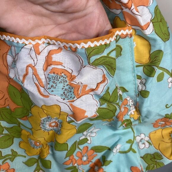 Vtg Fruit Of The Loom Bib Floral Apron Rick Rack Pockets NWT Retro Teal Orange - Picture 6 of 8